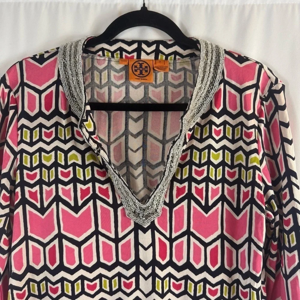 Tory Burch Women's 100% Silk Knit Tunic Top Multi Color Beaded Color Sz:M